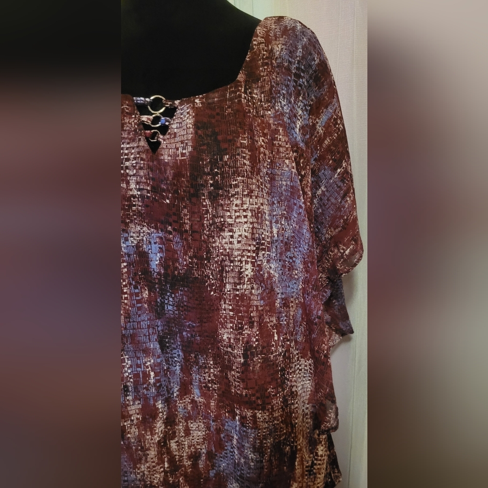 Notations Red and Purple Flutter Sleeve Asymmetrical Blouse - Picture 2 of 4